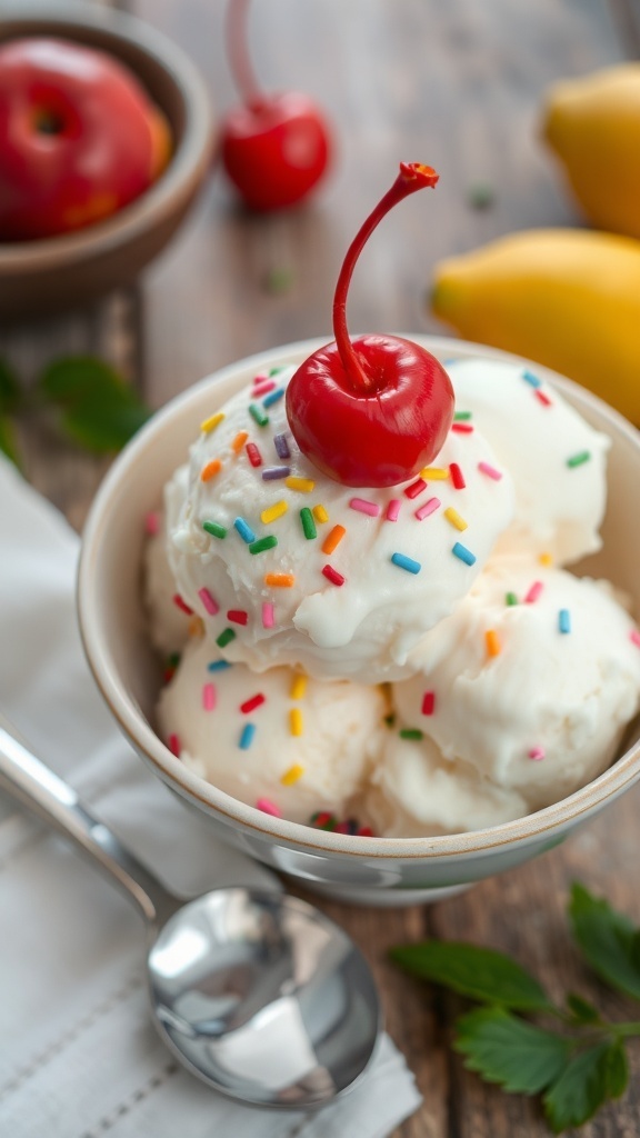 Homemade Ice Cream Recipe A bowl of homemade ice cream with sprinkles and a cherry on top, surrounded by fresh fruits.